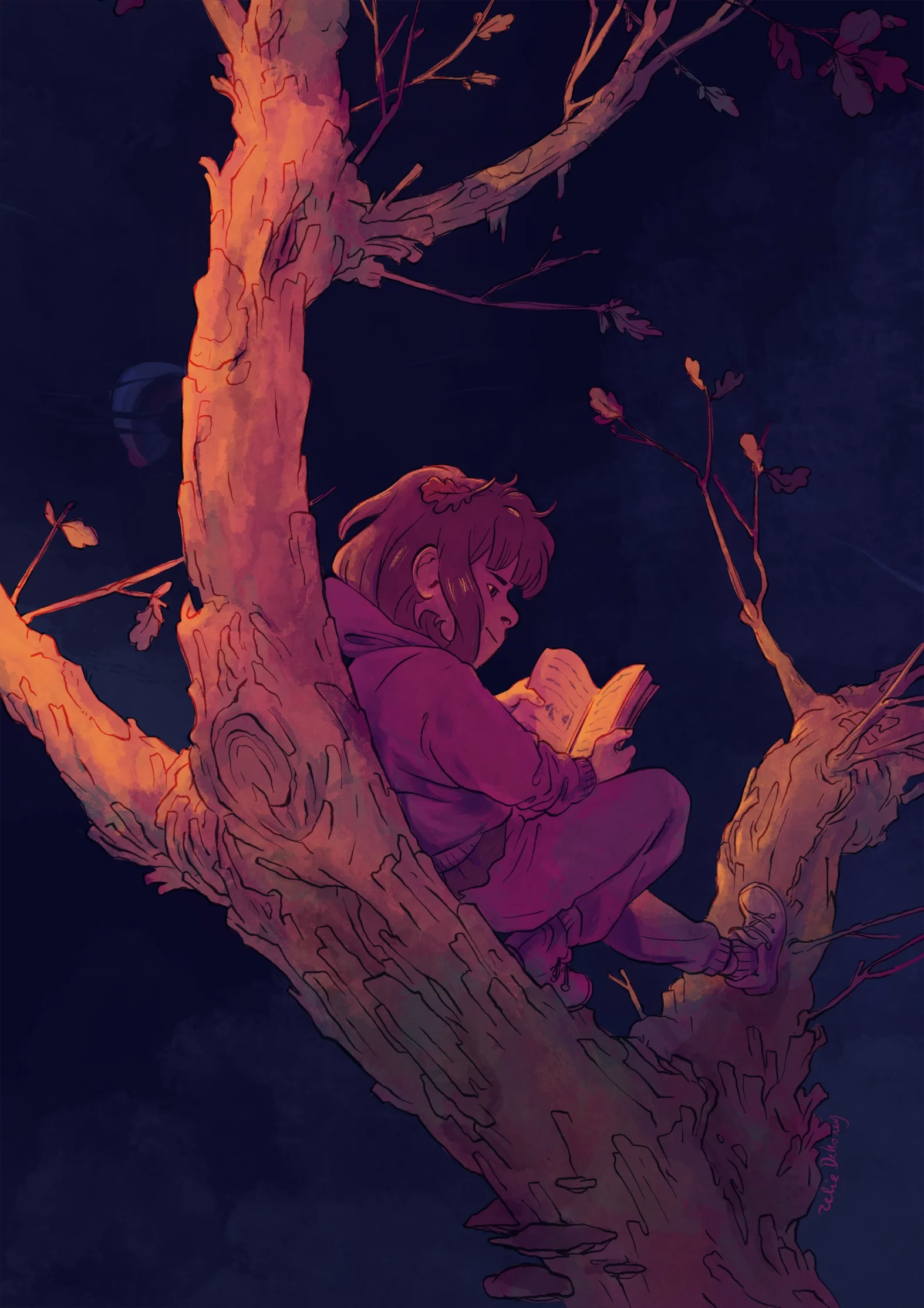 Illustration enfant lisant dans un arbre