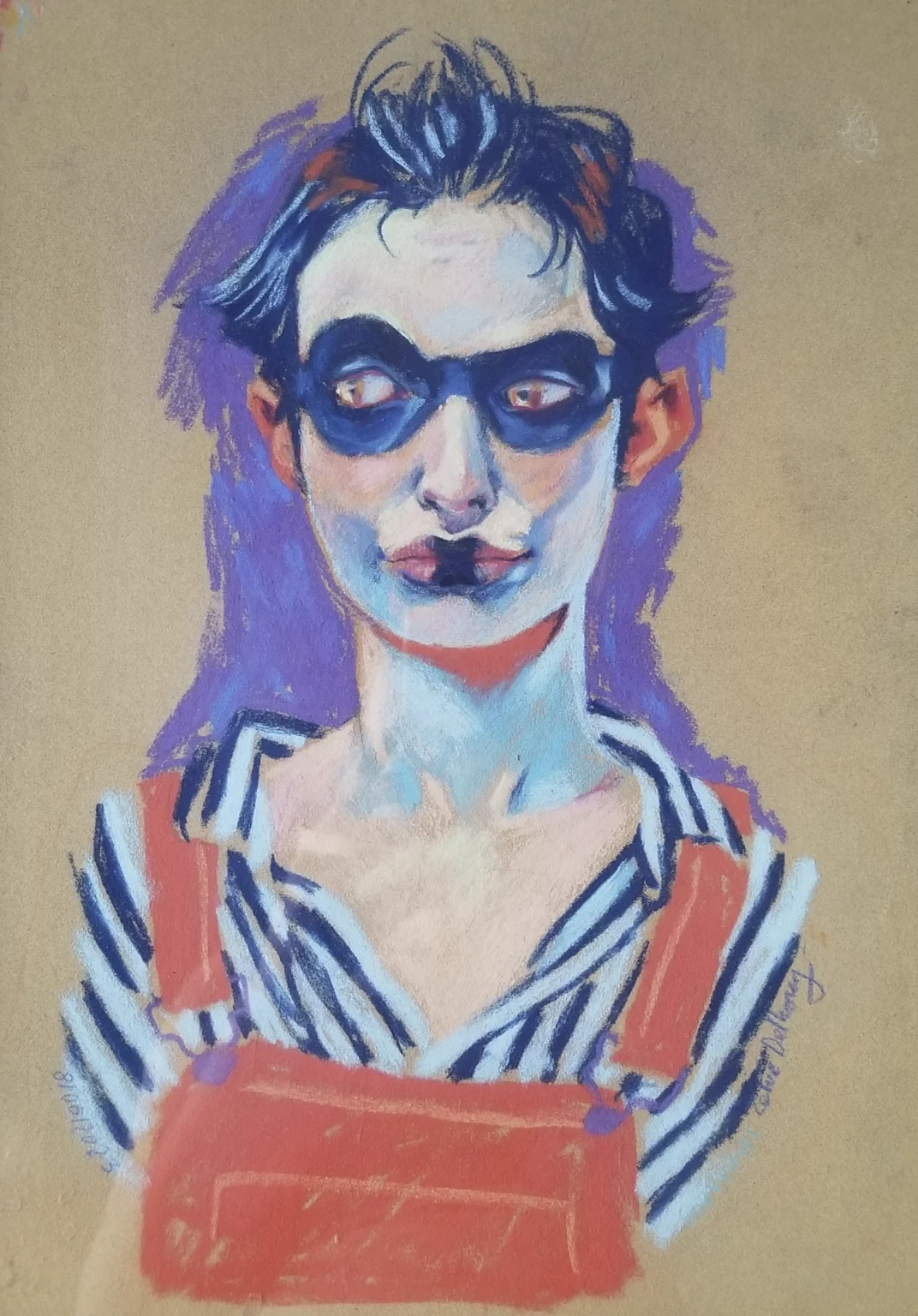 Portrait au pastel femme masquée et rayures